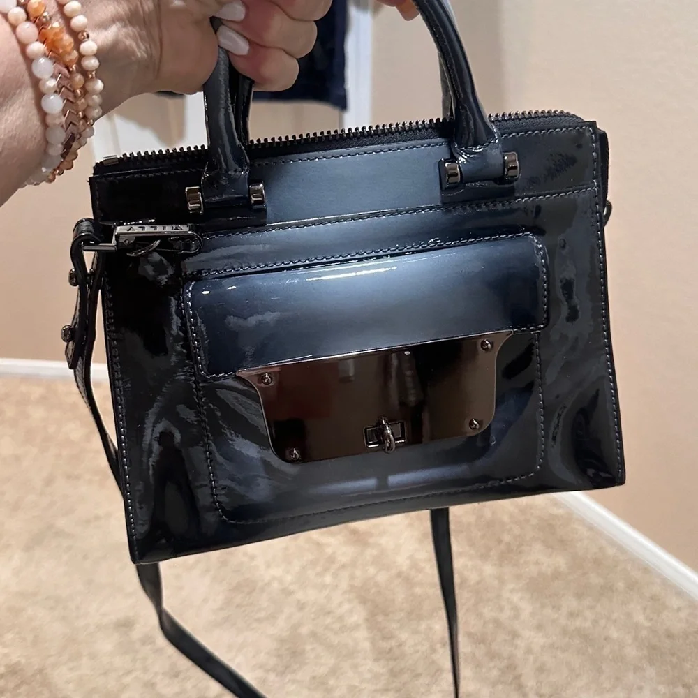 Milly Top Handle Patent Leather Ombré Gray Teal Black Purse w/crossbody strap